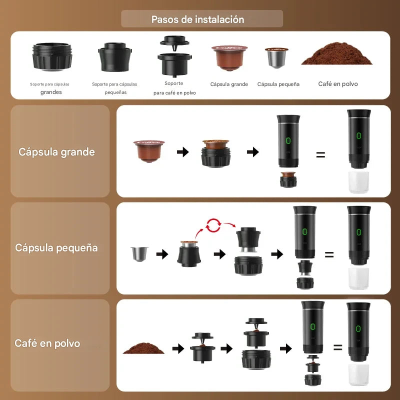 Cafetera Portátil 3 en 1 | Espresso con Cápsulas y Café Molido | 20 Bares de Presión